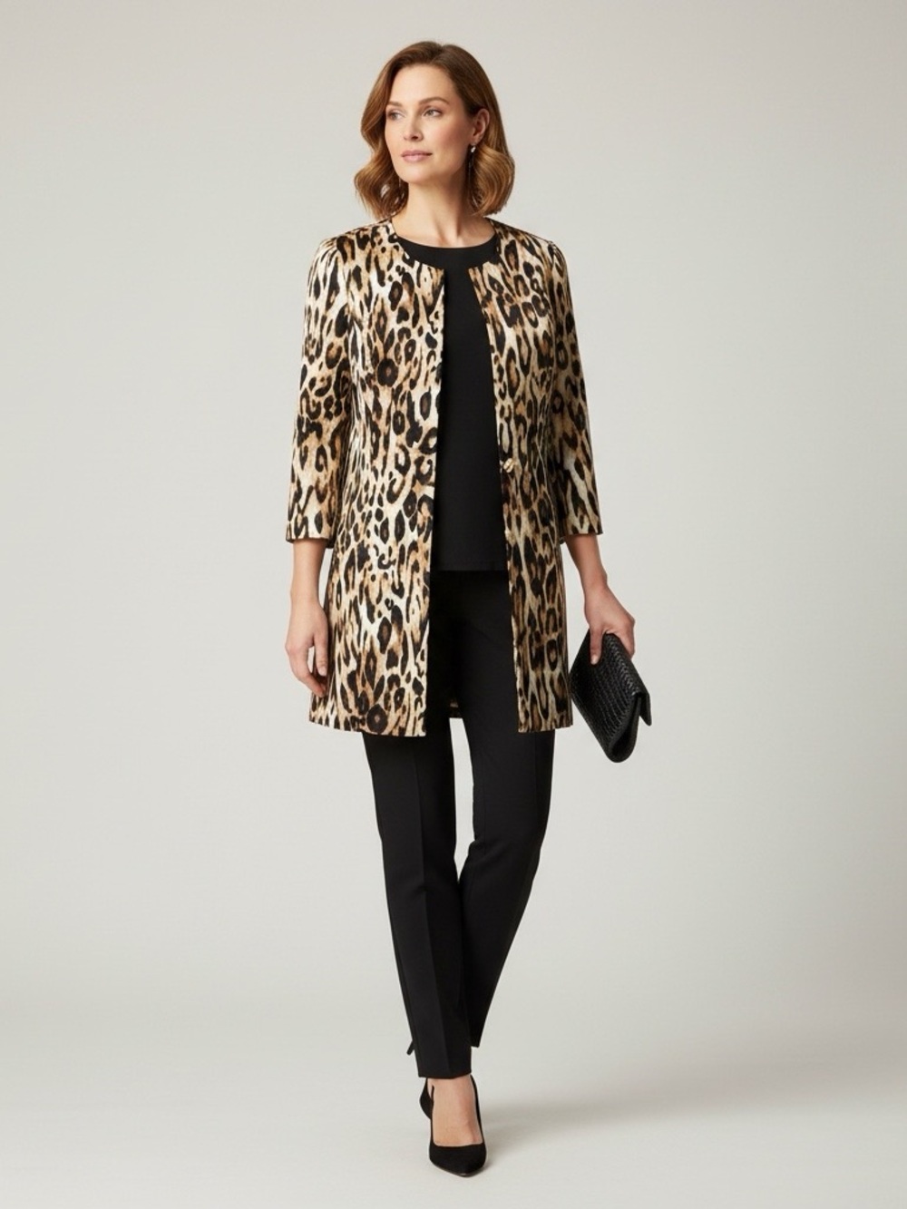 Chico's Brown Tan and Black Leopard-Print Open Front Jacket Size 1
